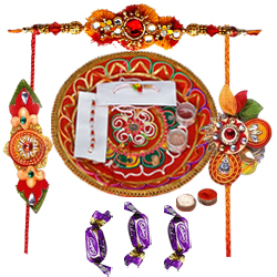 Rakhi Thali with 3 Rakhi, 3 Chocolates and Roli Tikka