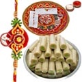 Rakhi Thali with Rakhis, Kaju Pista Roll and Roli Tikka