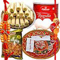 Rakhi Thali with Rakhis, Haldirams Rasgulla, Kaju Pista Roll n Chanachur