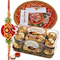 Rakhi Thali with One Rakhi n 12 Pcs. Ferrero Rocher Box and Roli Tikka