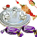 Silver Plated Rakhi Thali with 1 set Bhaiya n Bhabhi Rakhi and 2 Chocolates
