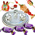 Silver Plated Rakhi Thali with 1 Set Bhaiya n Bhabhi Rakhi, Kids Rakhi and Chocolates