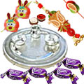 Silver Plated Rakhi Thali with 1 Set Bhaiya n Bhabhi Rakhi, 2 Kids Rakhi and 4 Chocolates