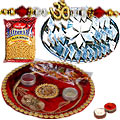 Rakhi Thali with One or More Designer Ethnic Rakhi and Kaju Katli n 200 Gms. Haldirams Bhujia