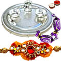 Silver Plated Rakhi Thali with One or More Zardosi Rakhi Options with Chocolates