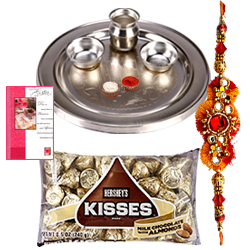 Silver Plated Rakhi Thali with One or More Rakhis n Hersheys Kisses Chocolates