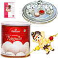 Silver Plated Thali with One Om/Ganesh Rakhi n Haldirams Rasgulla